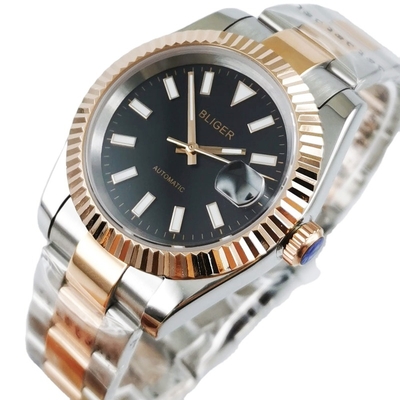 bliger 39mm miyota dial sapphire gold steel luminous black glass bracelet men automatic mechanical wristwatches